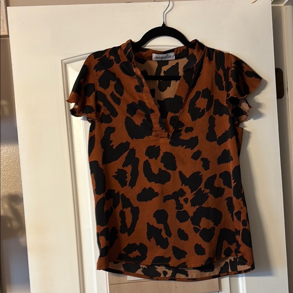 Magnolia Ruffled Brown Mandarin Collar Blouse